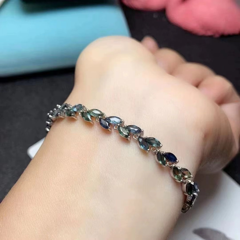 Natural Sapphire Leaf Bracelet, Blue Green Marquise Cut Sapphire Bracelet