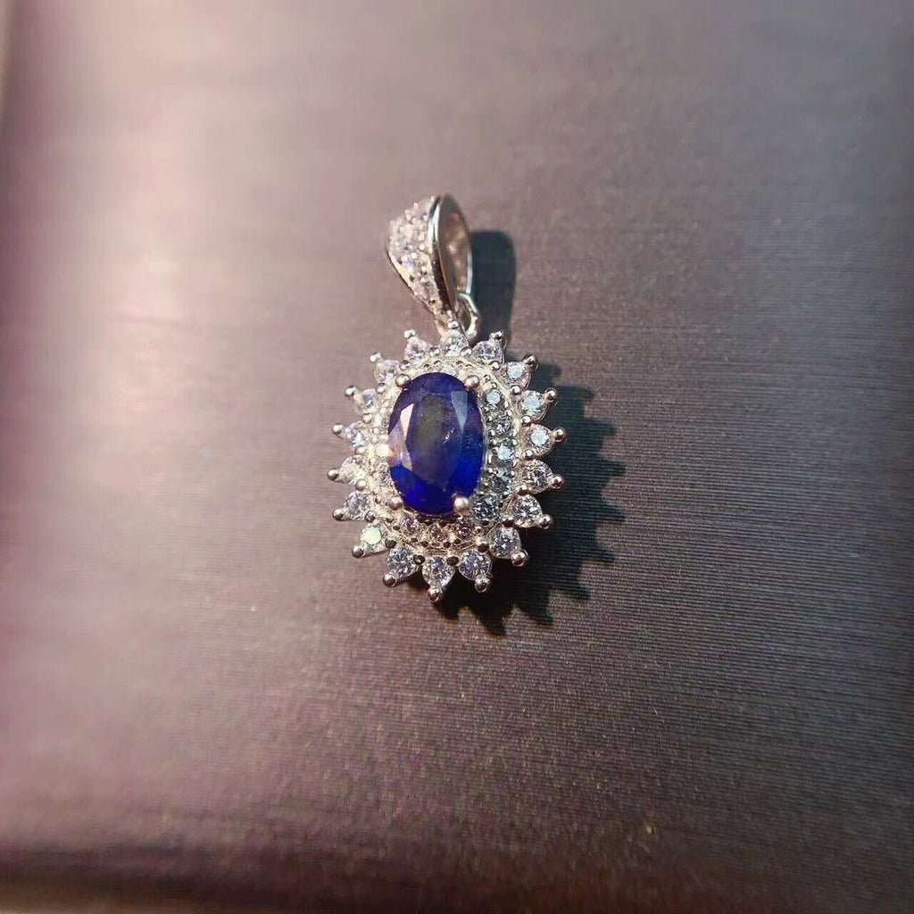 Genuine Blue Sapphire 4x6mm Pendant, Natural Sapphire Pendant with CZ Sterling