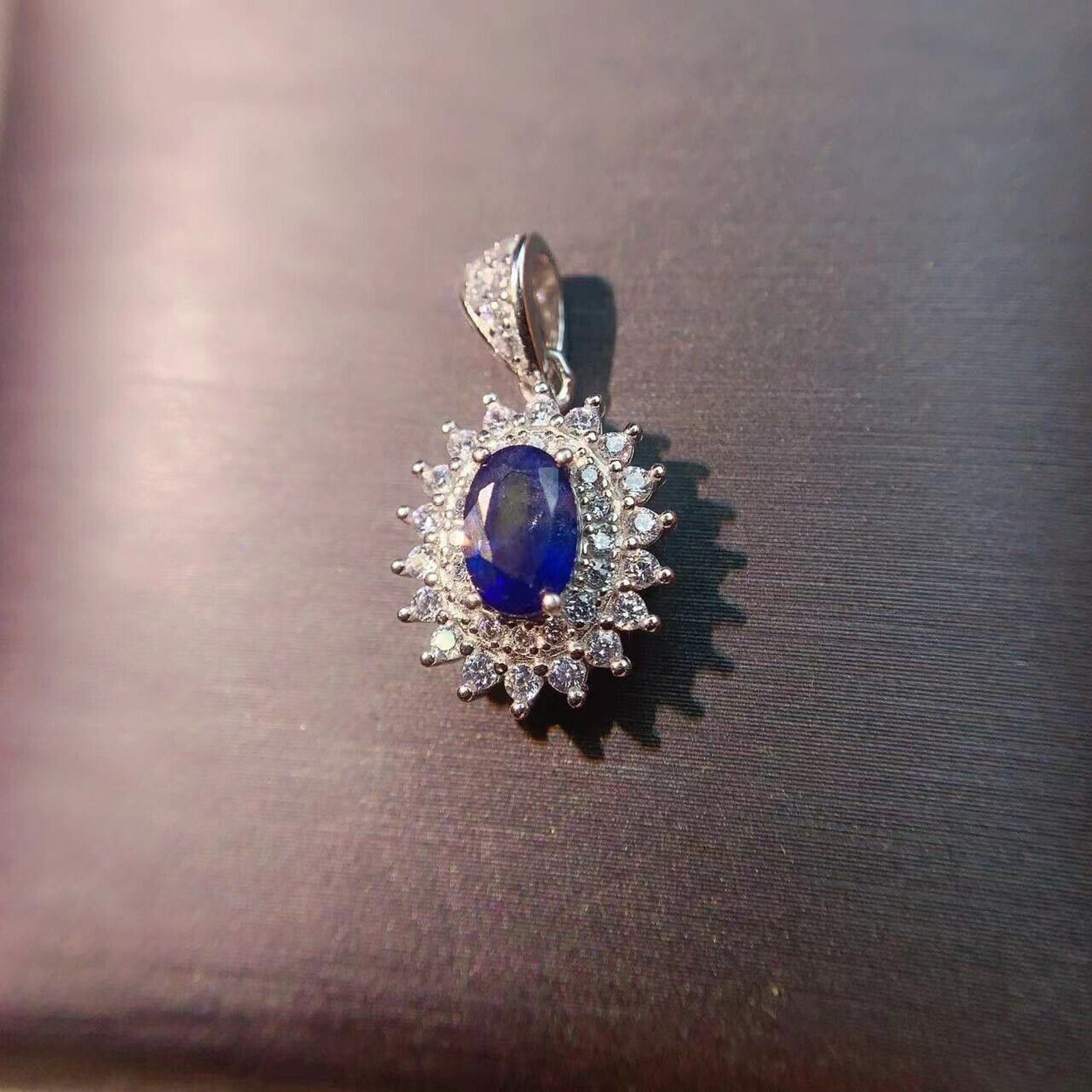Genuine Blue Sapphire 4x6mm Pendant, Natural Sapphire Pendant with CZ Sterling
