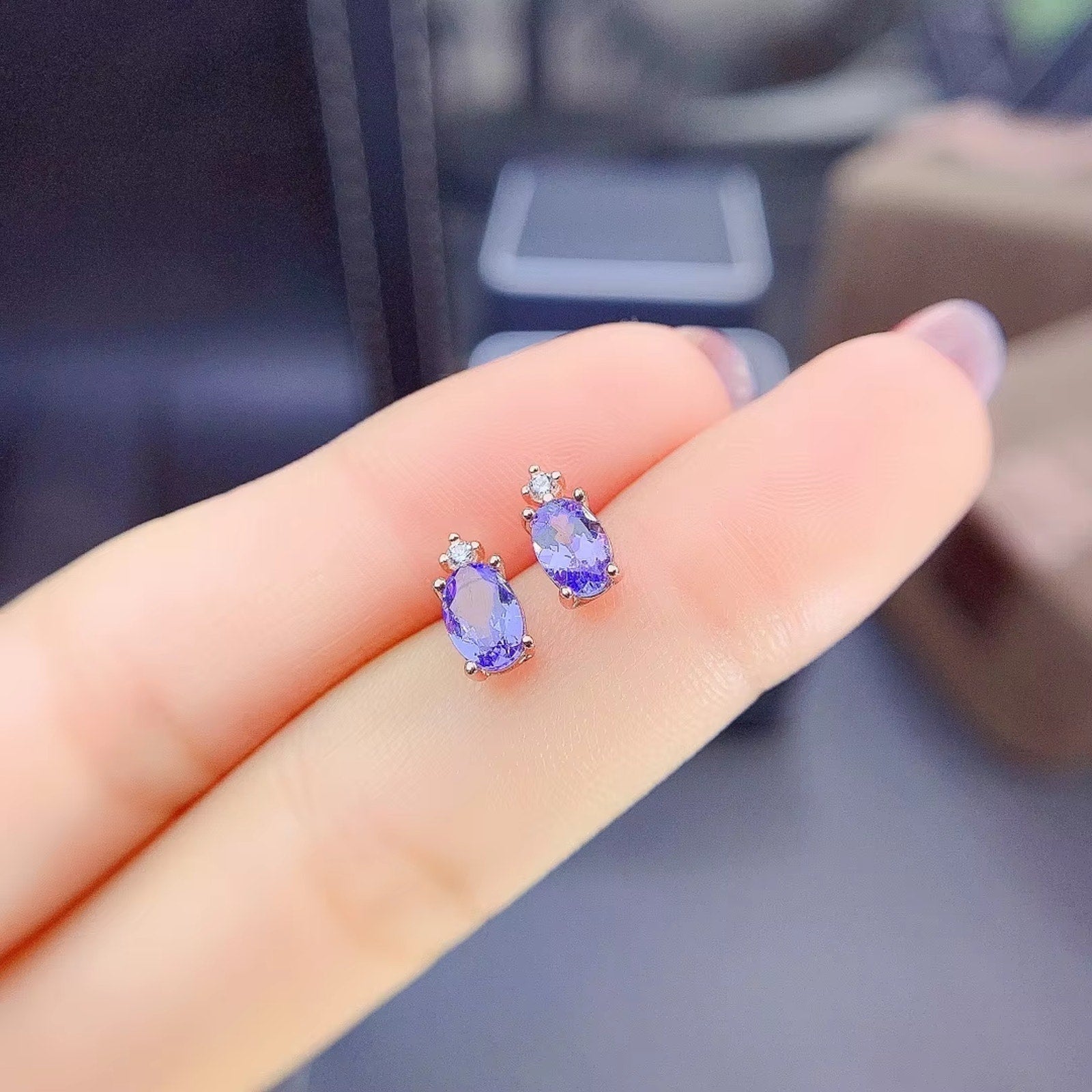 Purple Tanzanite Earrings, Natural Tanzanite Stud Earrings Sterling Silver 4x6mm