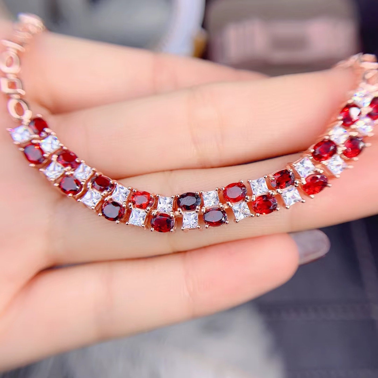 Red Garnet Tennis Bracelet, Natural Garnet Gemstone Bracelet 3x4mm 925 Sterling