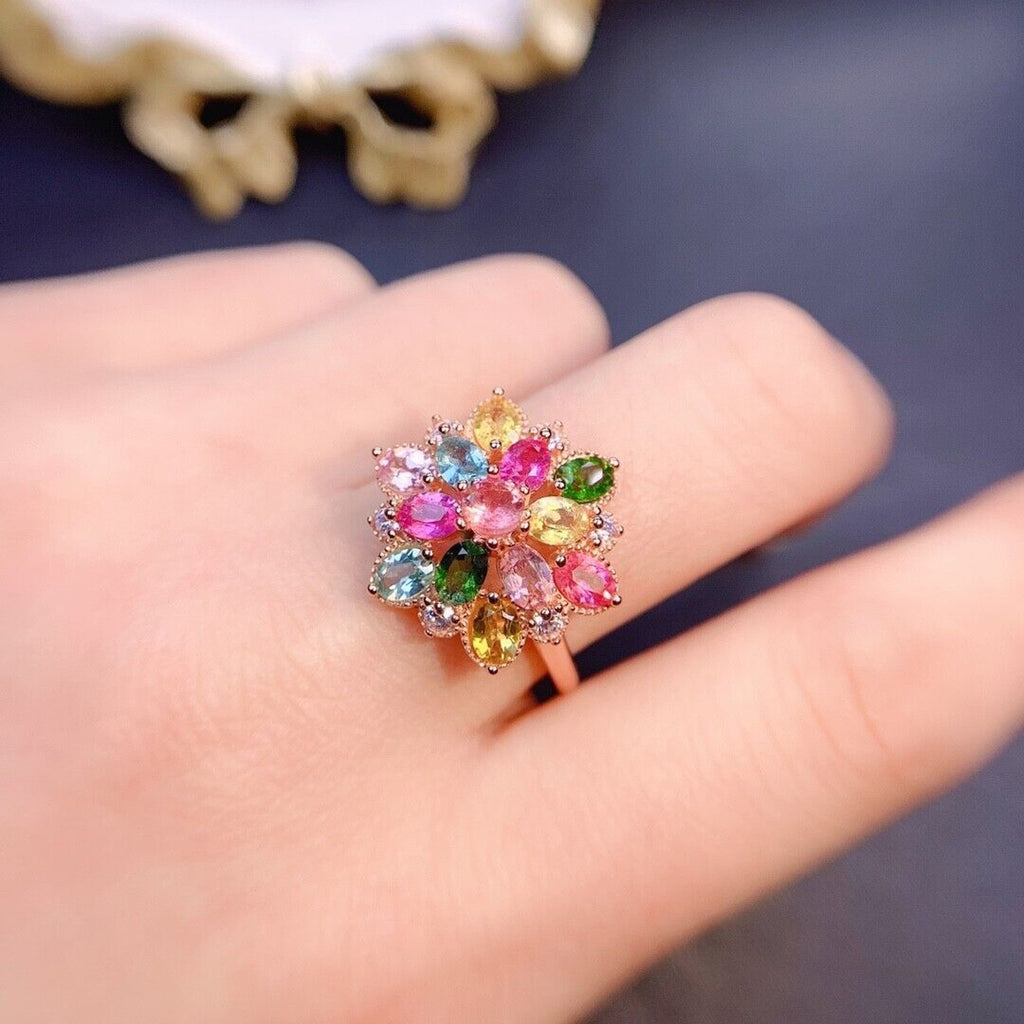 Large Tourmaline Gemstone Cluster Ring, Natural Tourmaline Flower Ring