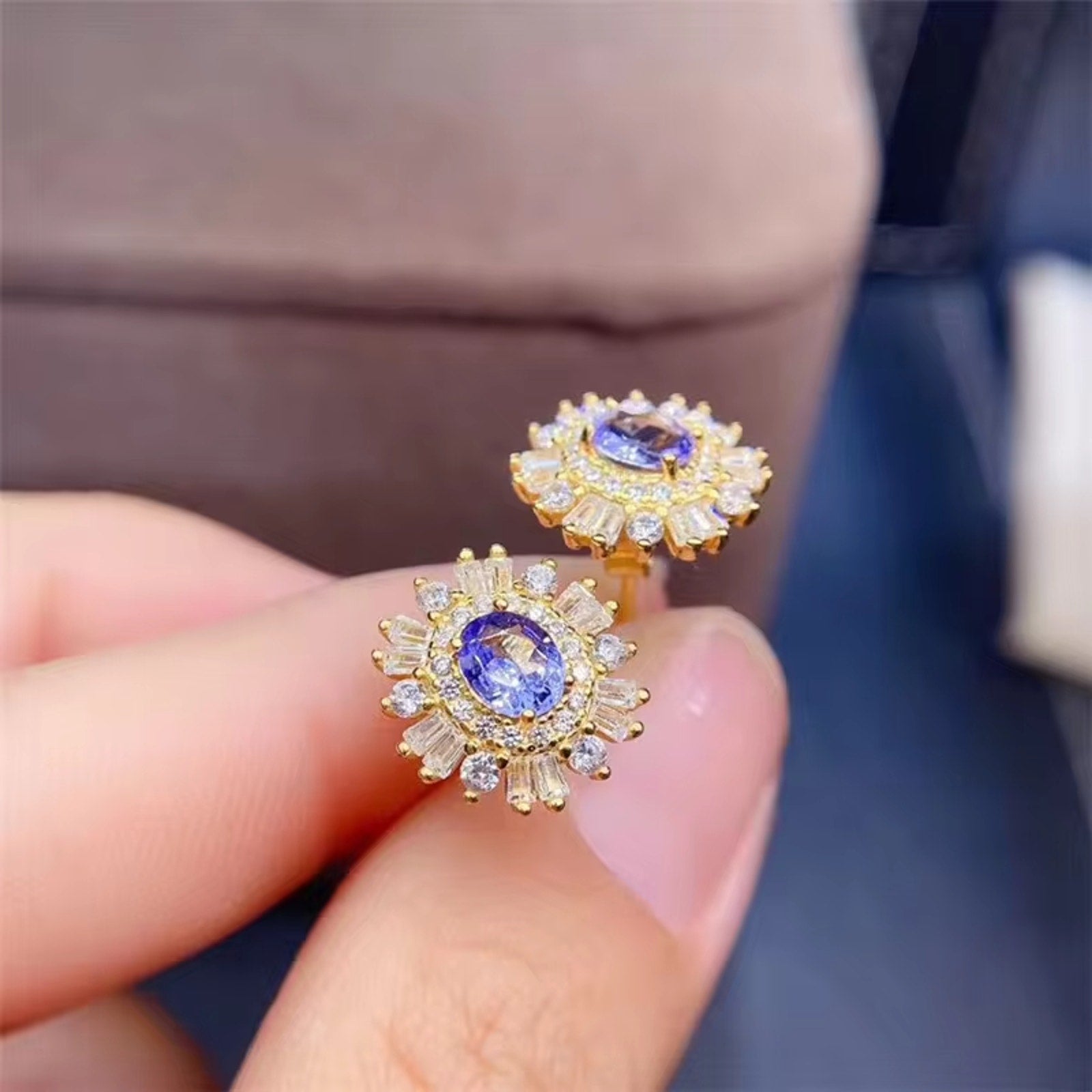 Purple Tanzanite Earrings, Tanzanite Cluster Stud Earrings Sterling Silver