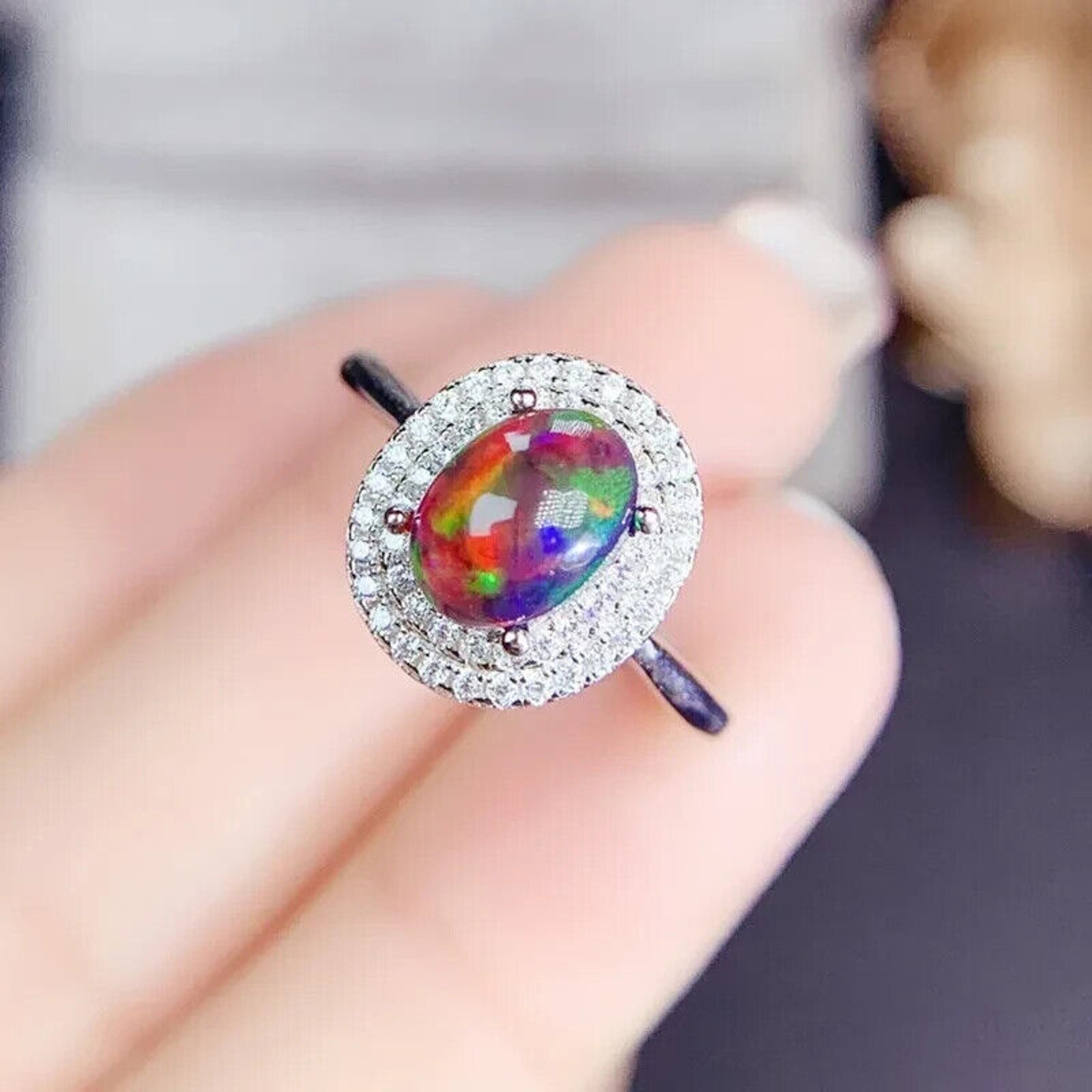 Colorful Black Fire Opal Statement Ring 6x8mm , Natural Fire Opal Ring