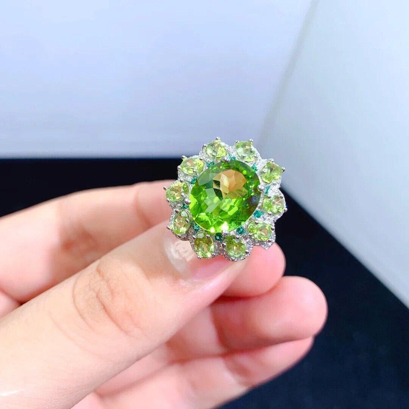 Natural Peridot Gemstone Ring 10x12mm, Large Peridot Cocktail Ring CZ
