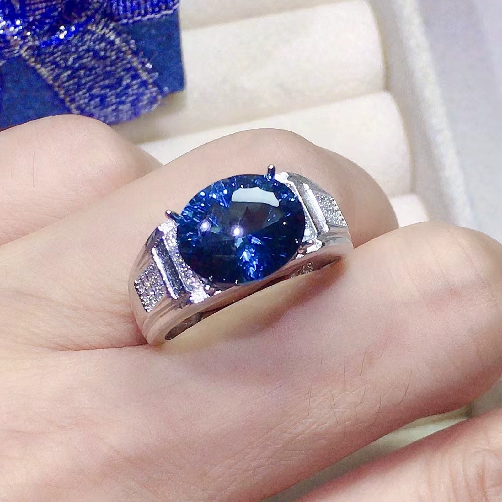 5CT Mens London Blue Topaz Ring 925 Sterling Silver VVS Grade 8x12mm