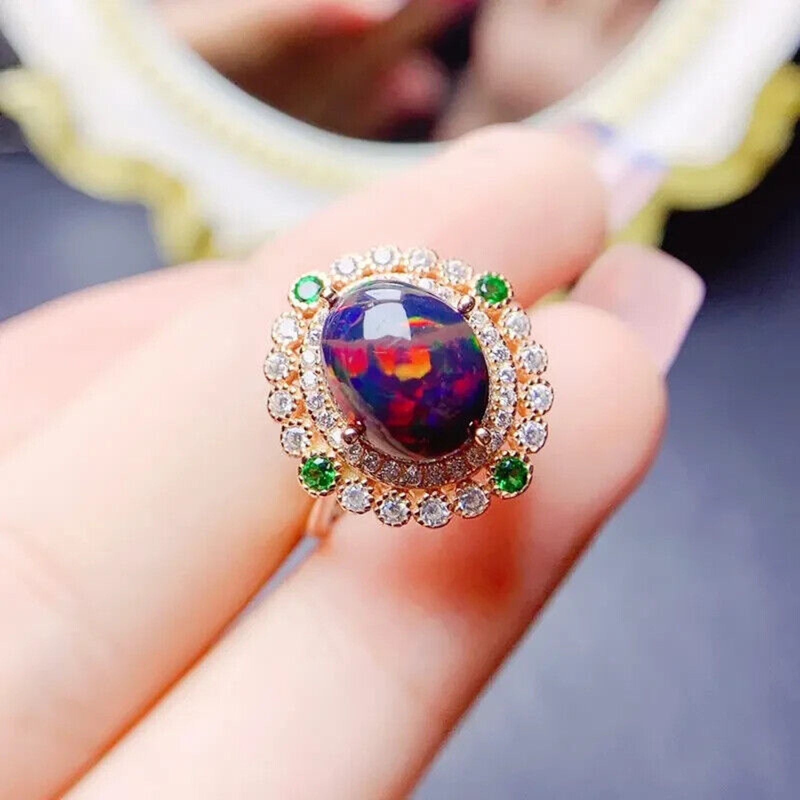 Colorful Black Fire Opal Statement Ring 8x10mm , Natural Fire Opal Ring