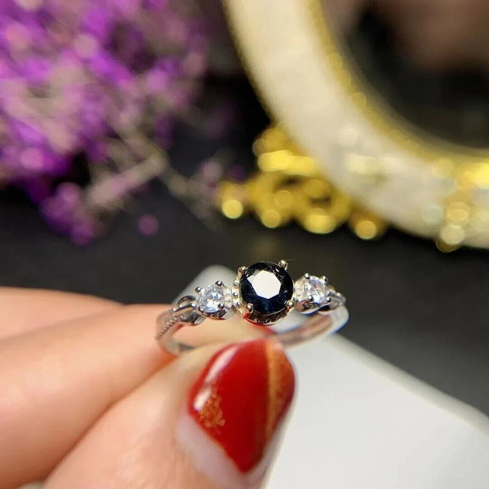 Natural Sapphire Cocktail Ring 6mm 925 Sterling Silver, Dark Blue Sapphire Ring