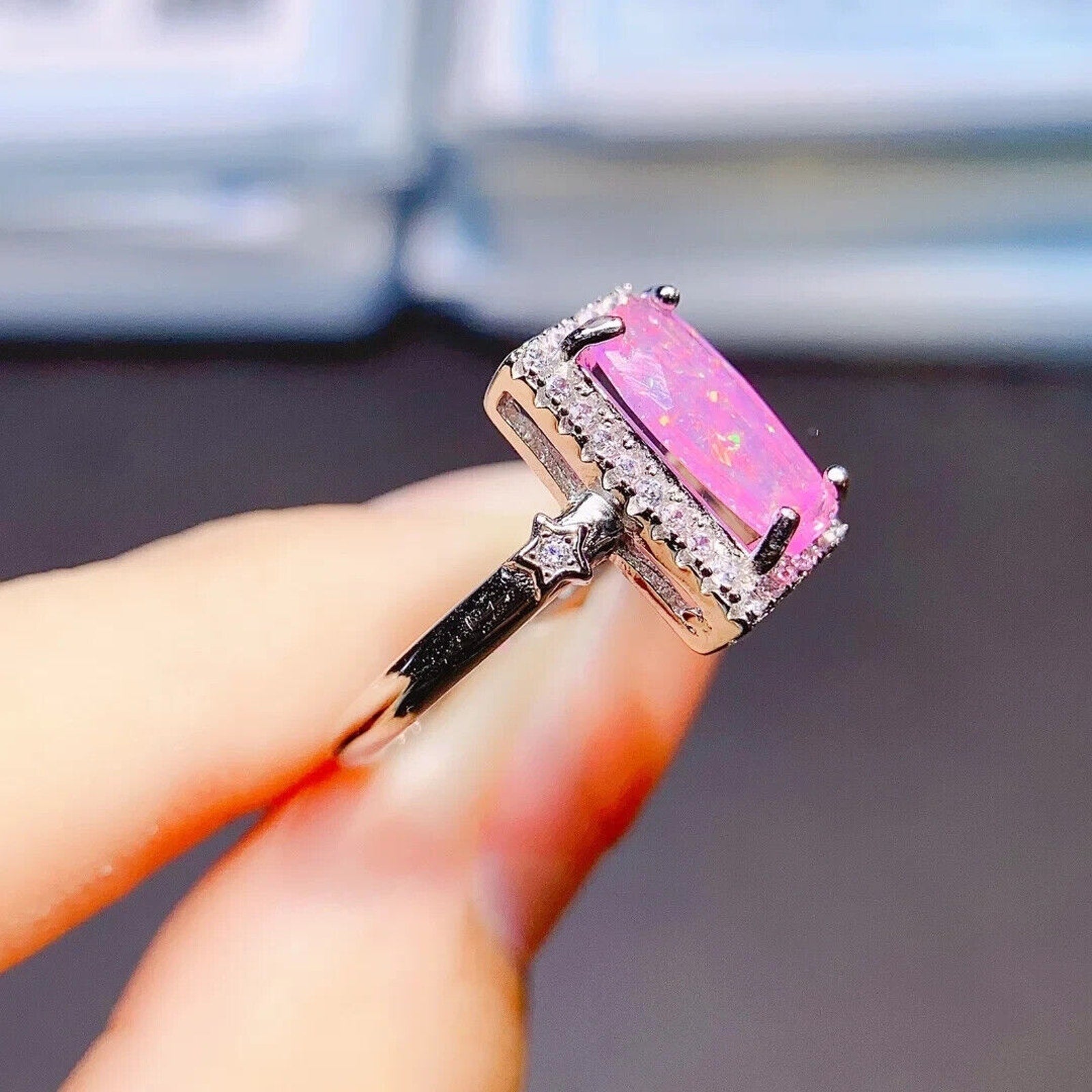 Pink Fire Opal Gemstone Ring 5x10mm, Natural Pink Fire Opal Statement Ring