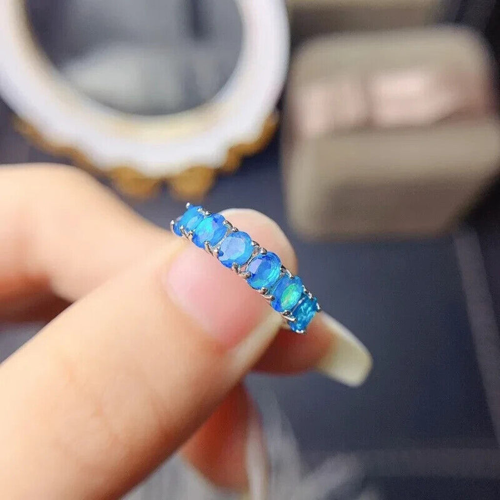 Natural Australian Blue Opal Band Ring 3x4mm, Women's Blue Fire Opal Ring
