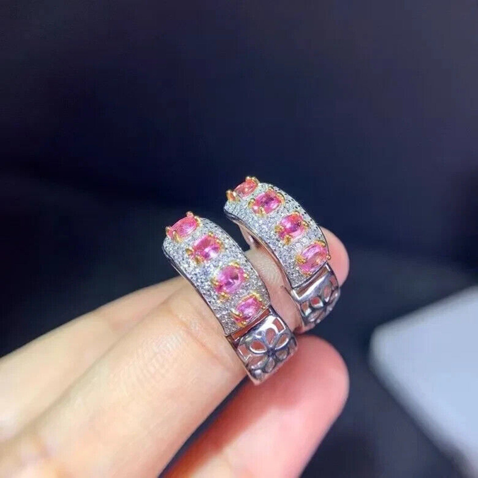 Natural Pink Topaz Sterling Silver Hoop Earrings, Pink Topaz Hoop Earrings