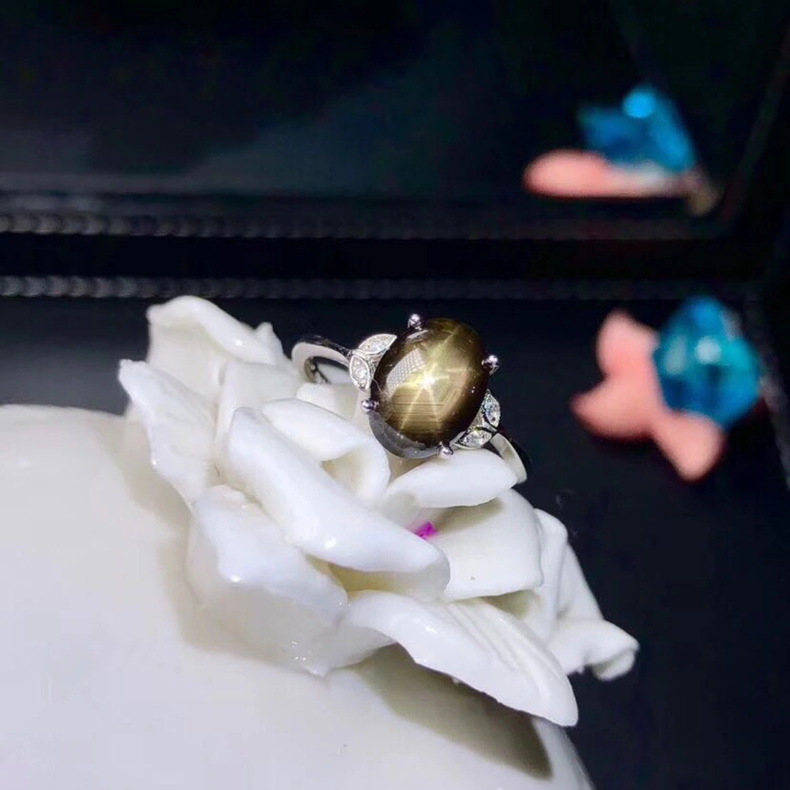 Natural Gray Star Sapphire Ring, 6x8mm Gray Star Sapphire Ring with Zirconia