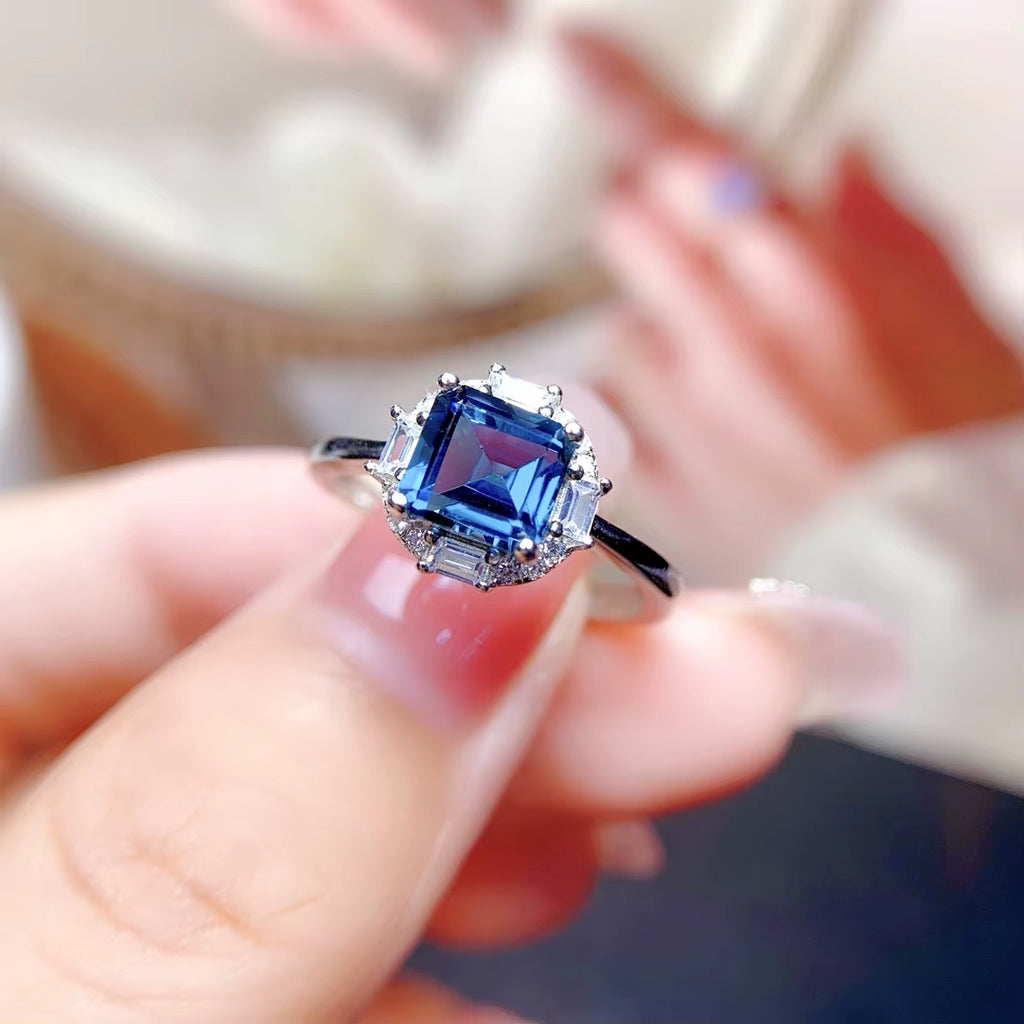 1.25Ct Asscher Cut London Blue Topaz Halo Engagement Ring 925 Sterling Silver