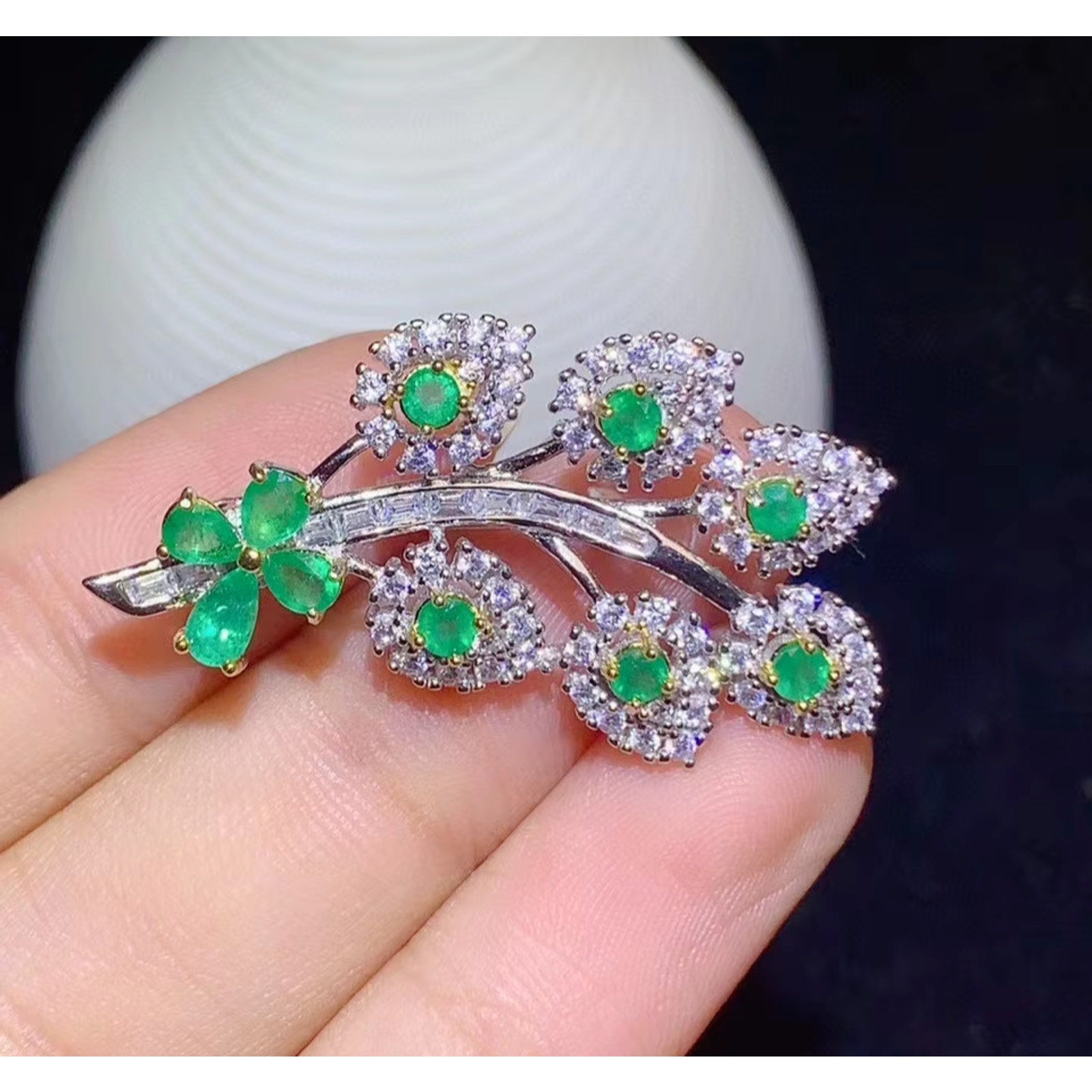 Natural Emerald Brooch Pin, Womens Emerald Flower Brooch Sterling Silver