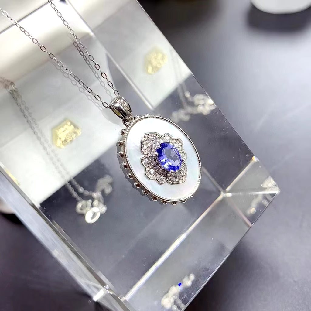 Purple Tanzanite Pendant Necklace, Natural Tanzanite and Shell Necklace 5x7mm