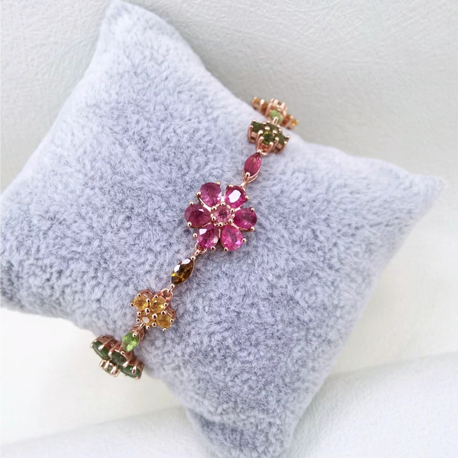 Natural Brazilian Tourmaline Tennis Bracelet, Tourmaline Flower Bracelet