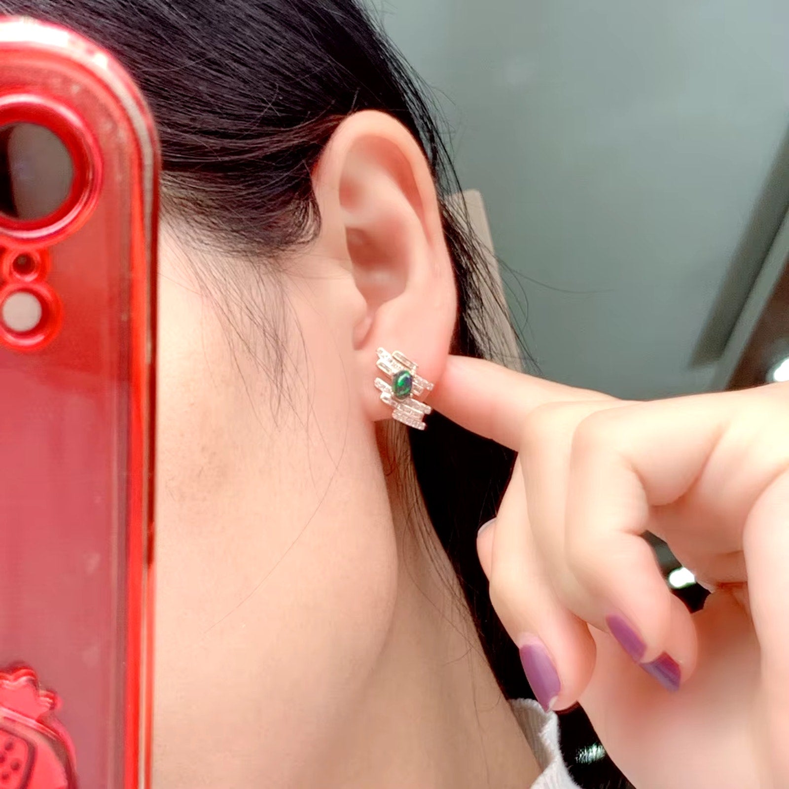 Black Fire Opal Stud Earrings, Natural Fire Opal Earrings 925 Sterling Silver