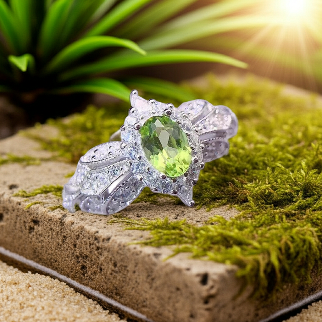 Natural Peridot Gemstone Ring 4x6mm, August Birthstone Peridot Ring Sterling