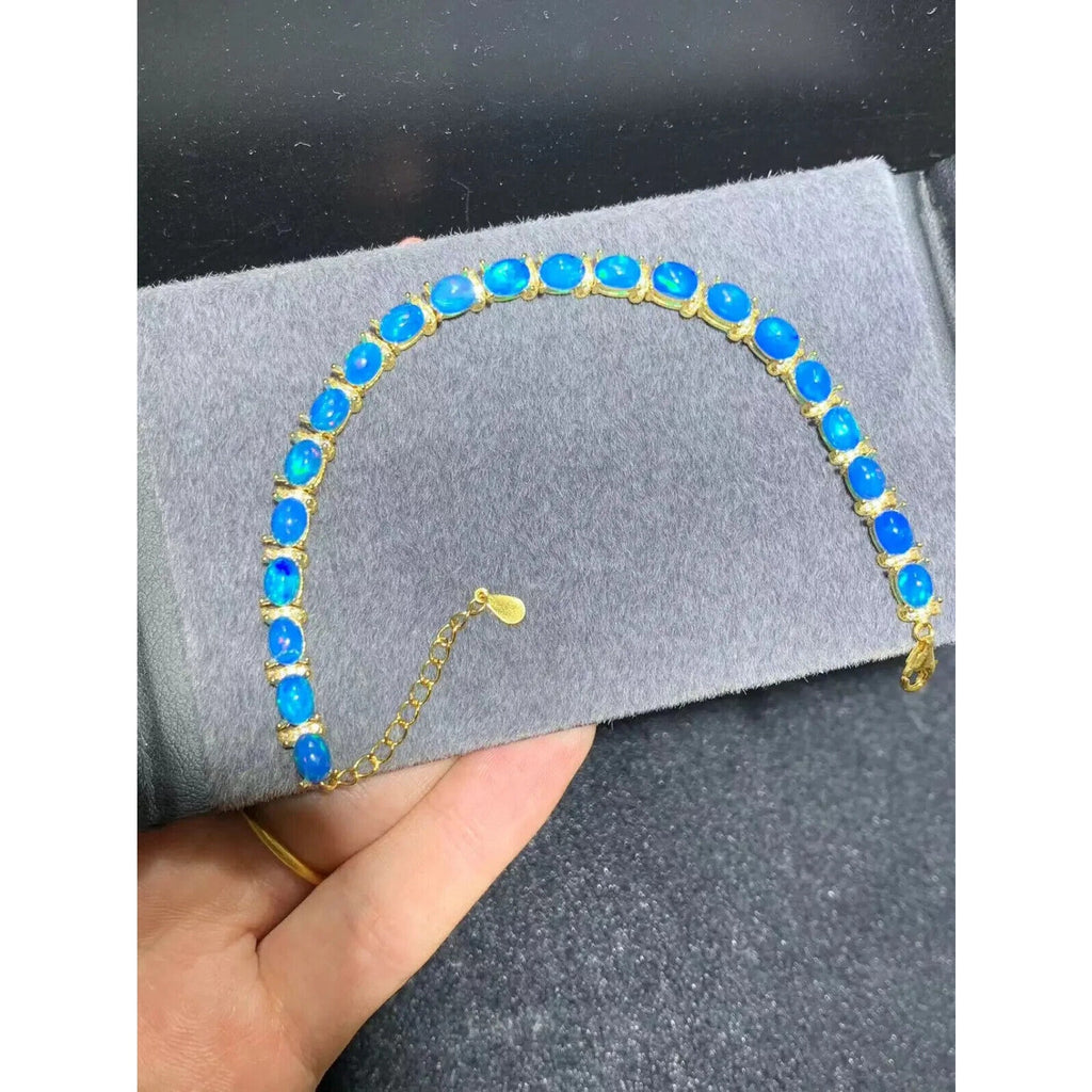 Blue Opal Women's Bracelet, Natural Blue Fire Opal Tennis Bracelet 4x6mm