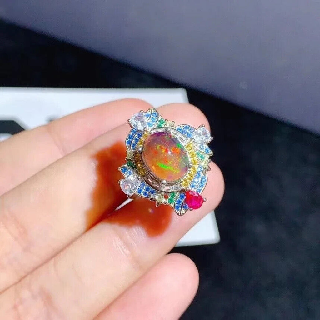 Black Fire Opal Cocktail Ring, Natural Opal Gemstone Ring, Women's Opal Rings
