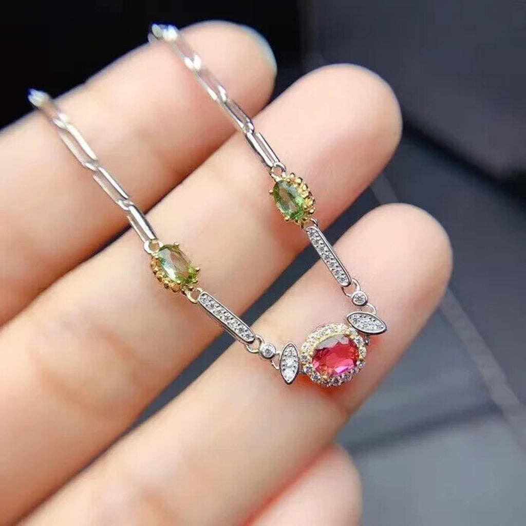 Natural Tourmaline Gemstone Paperclip Chain Bracelet, Pink and Green Tourmaline