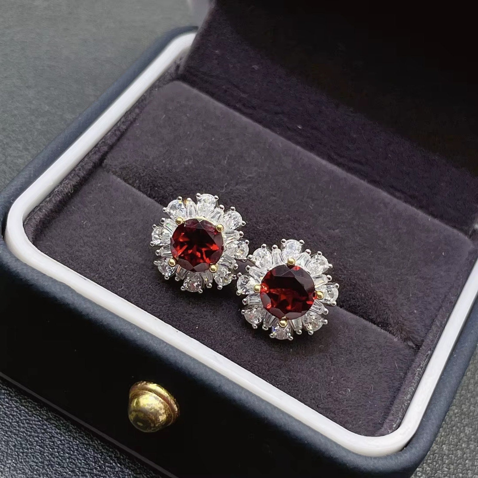 Red Garnet Cluster Earrings 925 Sterling Silver 4mm Natural Garnet Earrings
