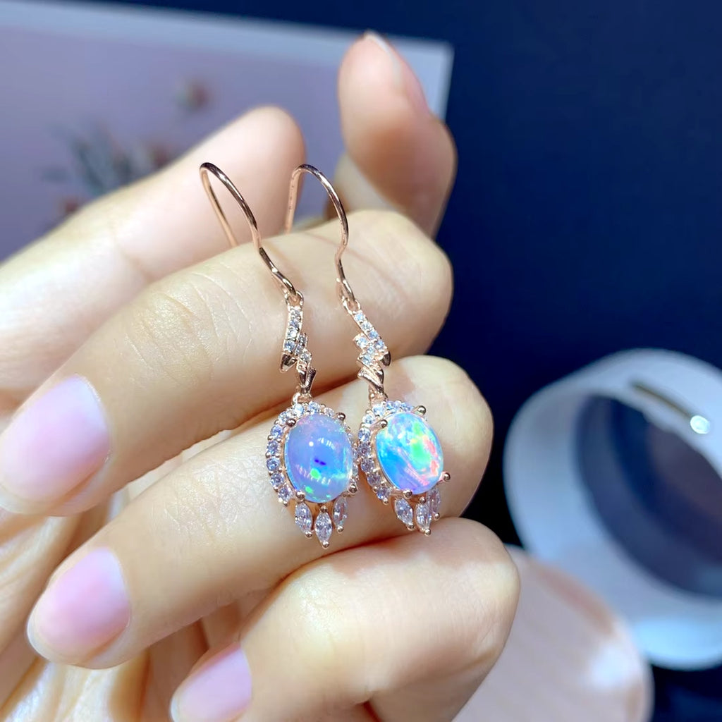 Natural Fire Opal Earrings, Women's Opal Earrings 925 Sterling Silver 6x8mm
