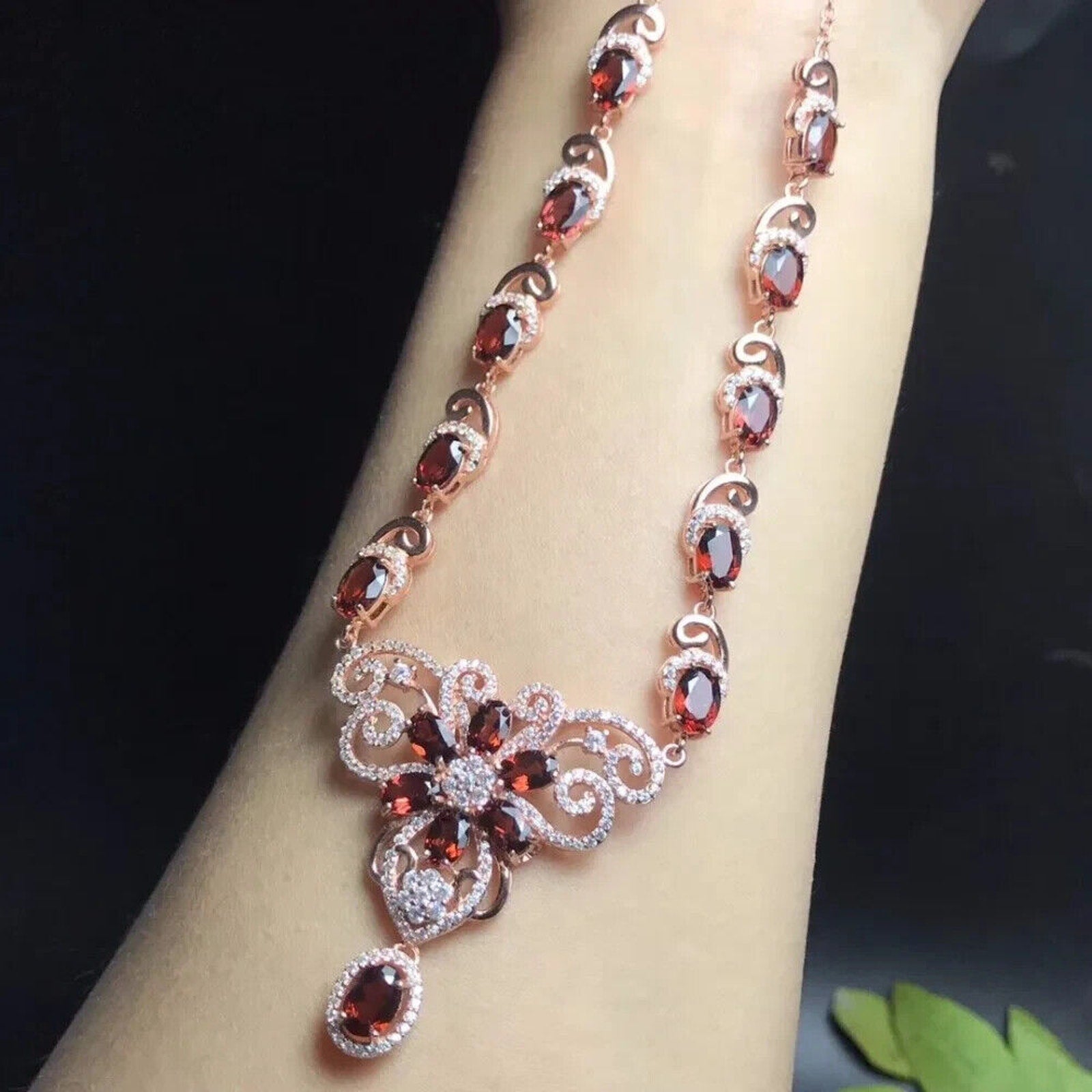 Red Garnet Flower Statement Necklace, Natural Garnet Gemstone Necklace 925