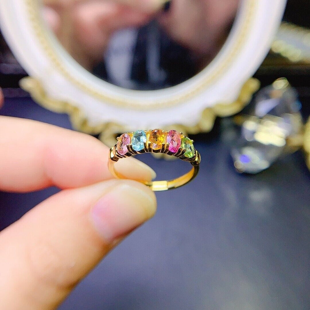 Multicolor Tourmaline Gemstone Band Ring, Natural Tourmaline Band Ring