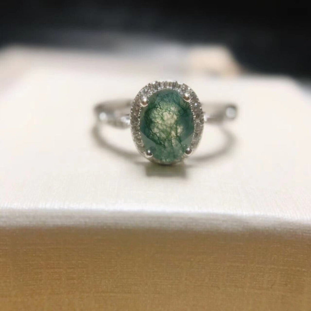 Moss Agate 925 Sterling Silver Ring, 6x8 Natural Moss Agate