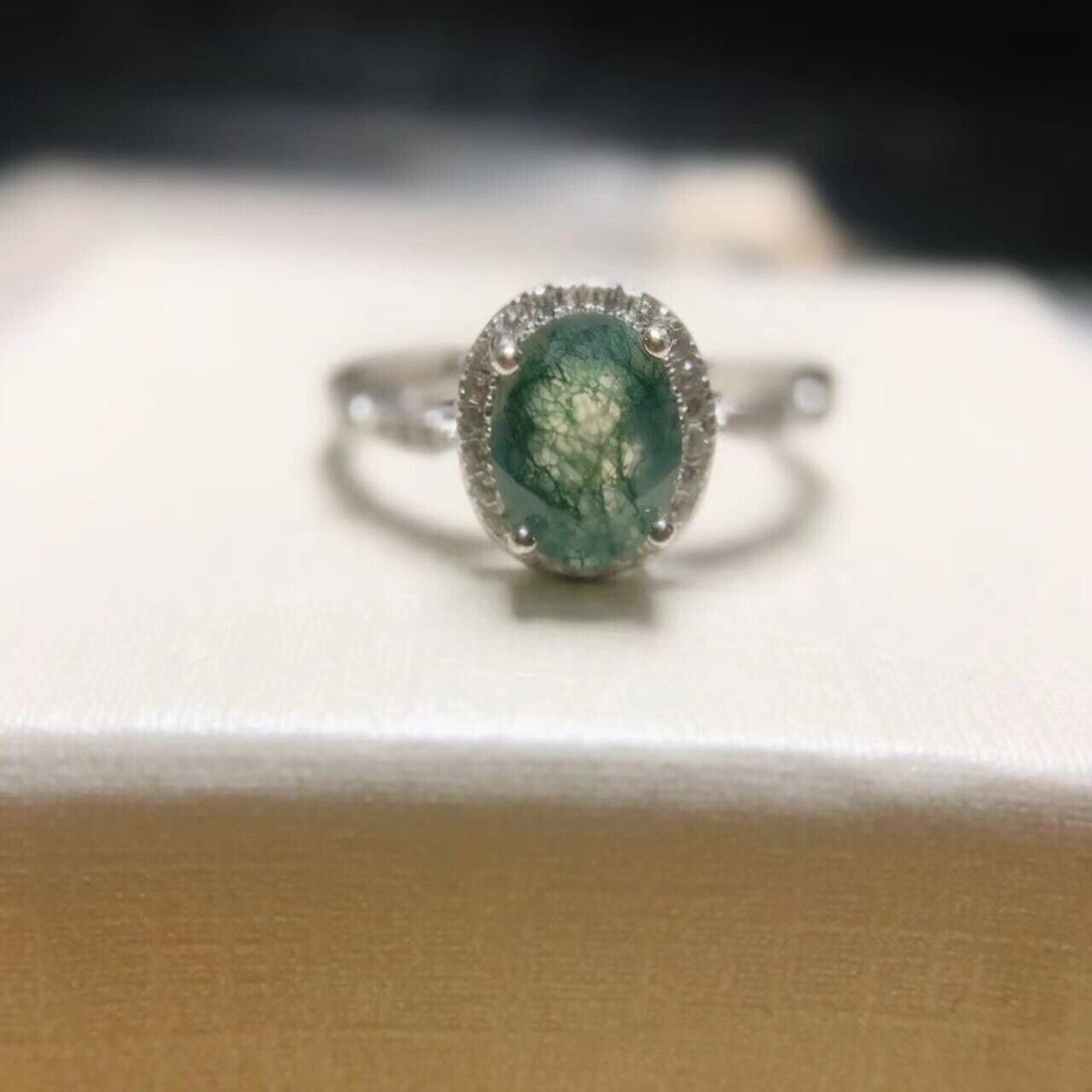 Moss Agate 925 Sterling Silver Ring, 6x8 Natural Moss Agate