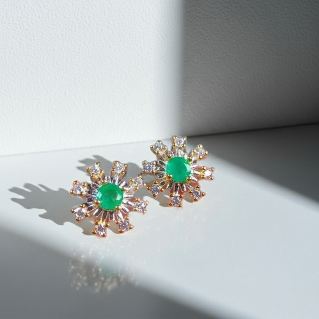 Dainty Emerald Flower Stud Earrings 14k Gold Plated