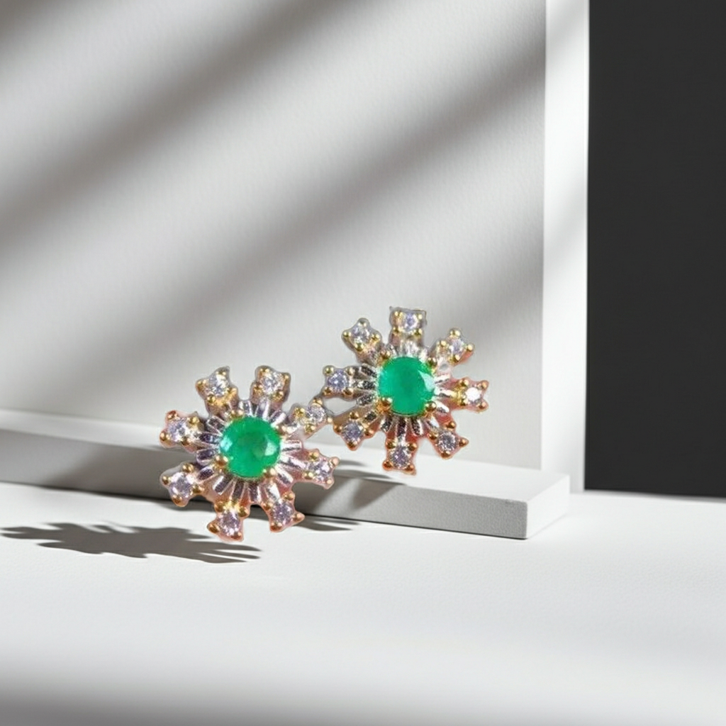 Dainty Emerald Flower Stud Earrings 14k Gold Plated