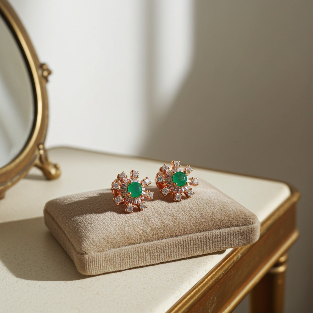 Dainty Emerald Flower Stud Earrings 14k Gold Plated