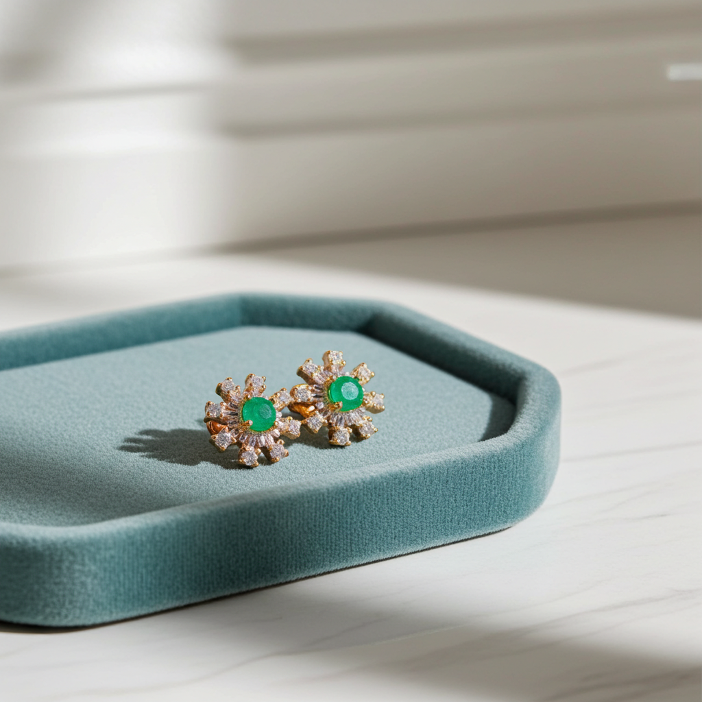 Dainty Emerald Flower Stud Earrings 14k Gold Plated