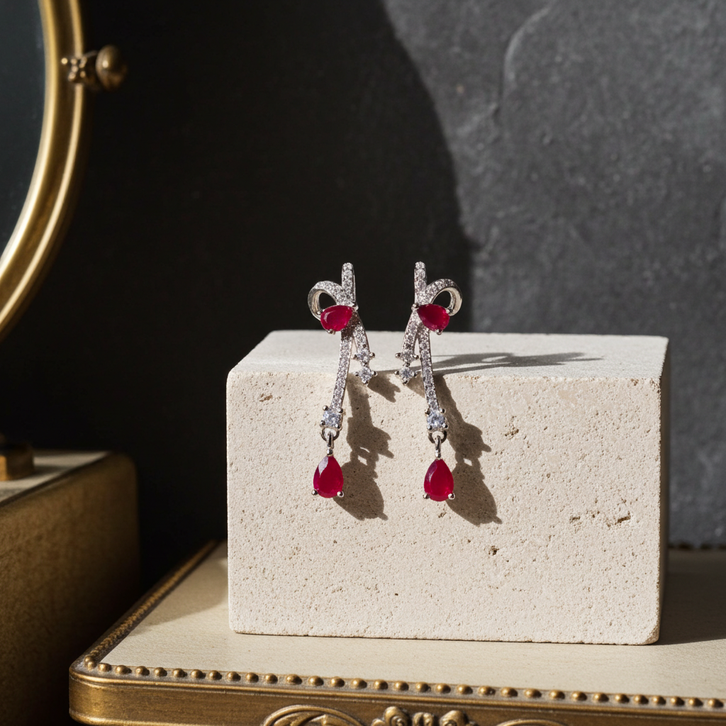 Natural Ruby Pear Cut Dangle Earrings 3x4mm Platinum Plated