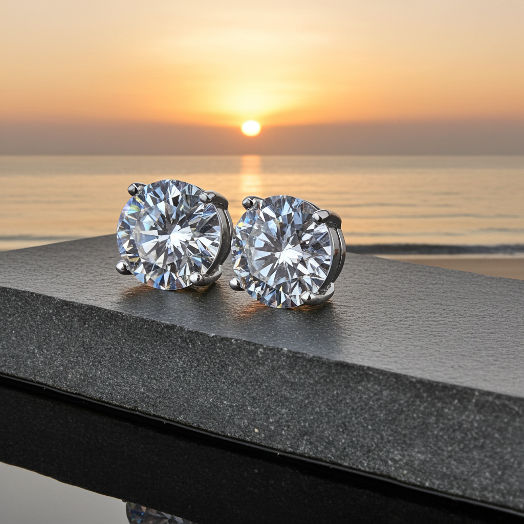 VVS1 Round Brilliant Cut White Moissanite Stud Earrings 1CT, 2CT or 3CT