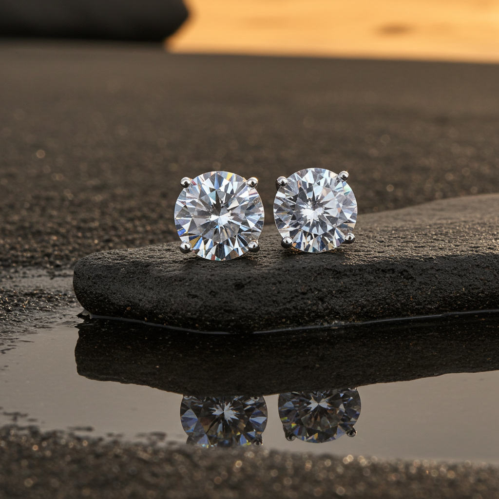 VVS1 Round Brilliant Cut White Moissanite Stud Earrings 1CT, 2CT or 3CT