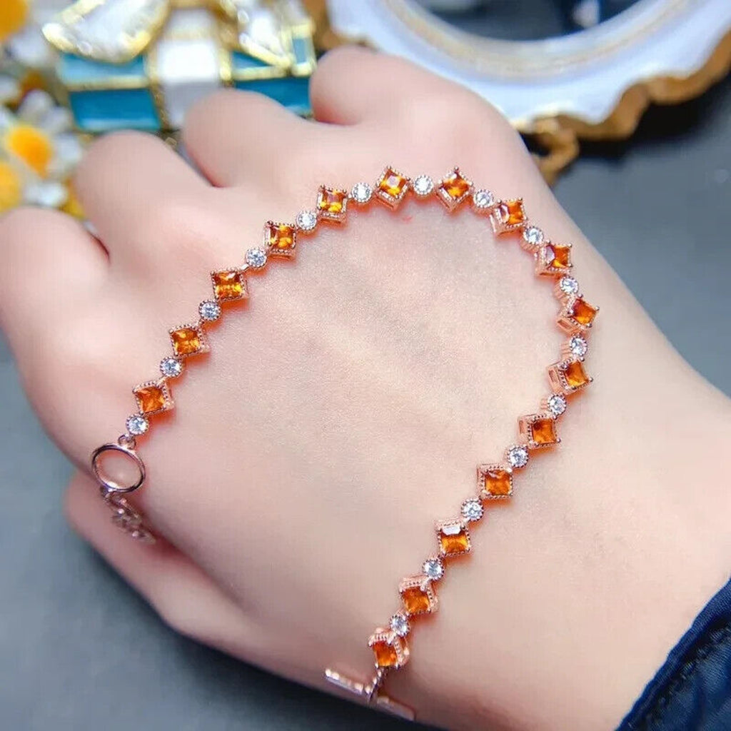 Natural Orange Garnet Tennis Bracelet 3mm, Square Cut Orange Garnet Bracelet