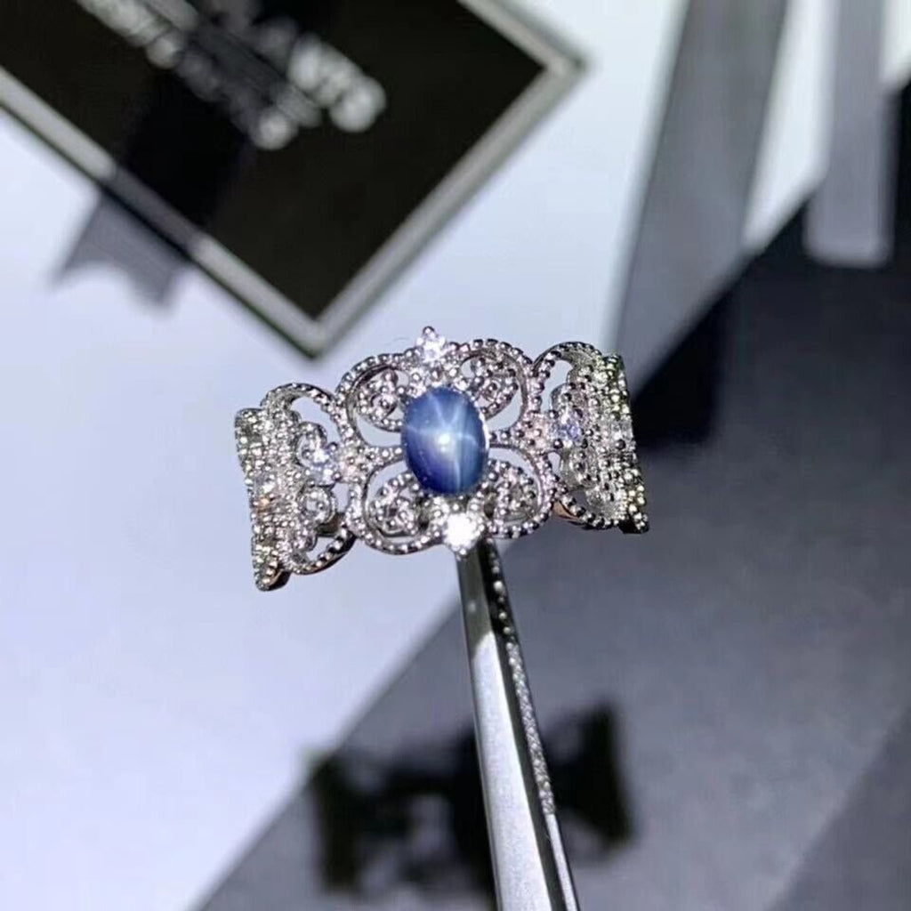 Natural Blue Star Sapphire Princess Ring, 4x5mm Star Sapphire Ring Platinum