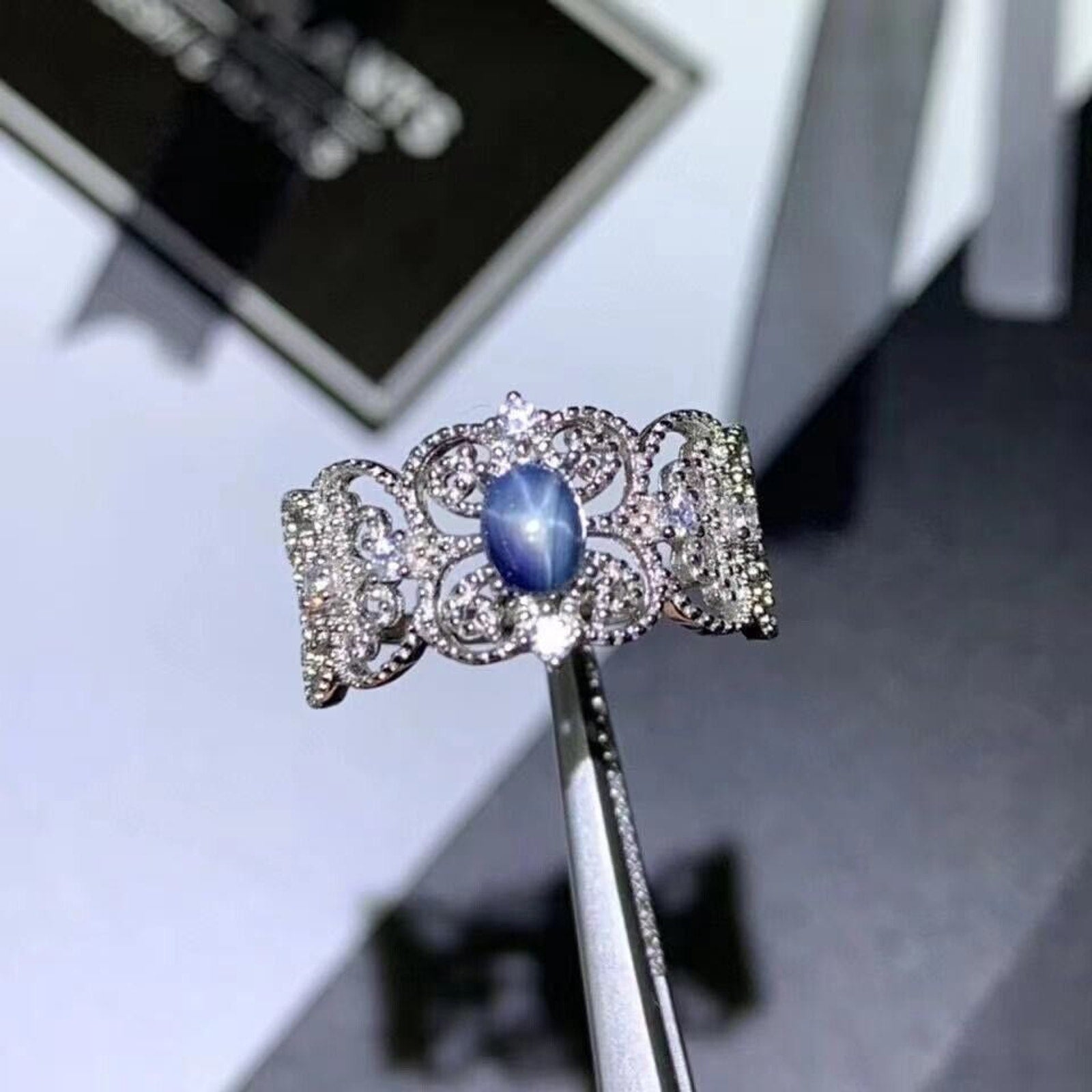 Natural Blue Star Sapphire Princess Ring, 4x5mm Star Sapphire Ring Platinum