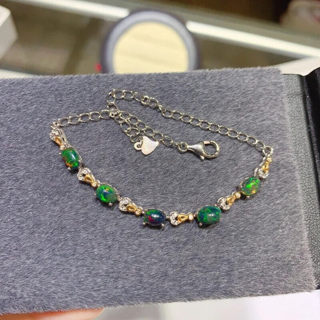 Black Fire Opal Chain Bracelet 925 Sterling Silver, Black Opal Chain Bracelet