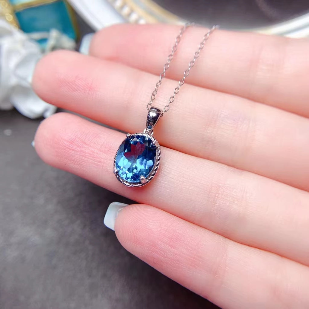 3CT London Blue Topaz Pendant Necklace, 925 Sterling Silver Blue Topaz Necklace