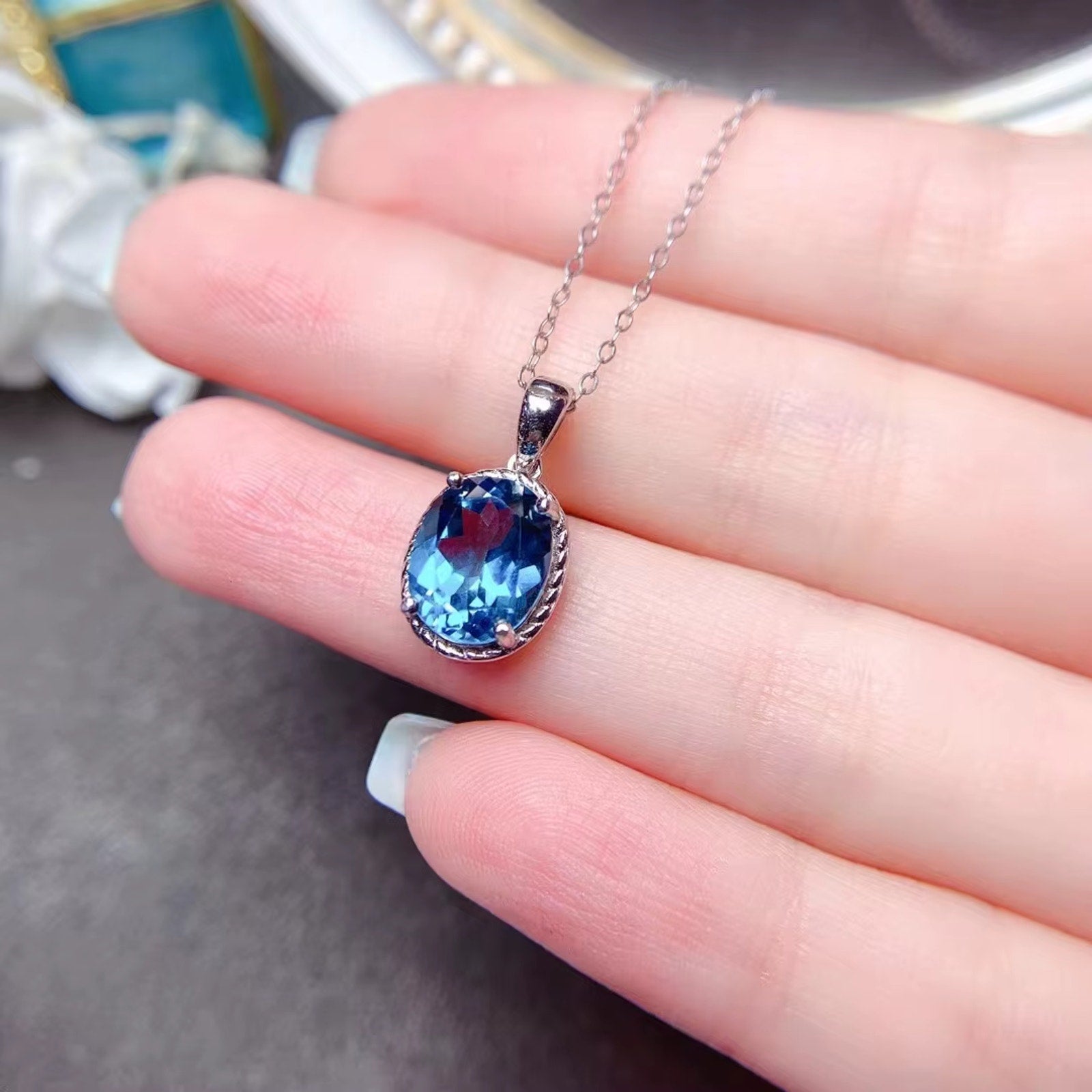 3CT London Blue Topaz Pendant Necklace, 925 Sterling Silver Blue Topaz Necklace