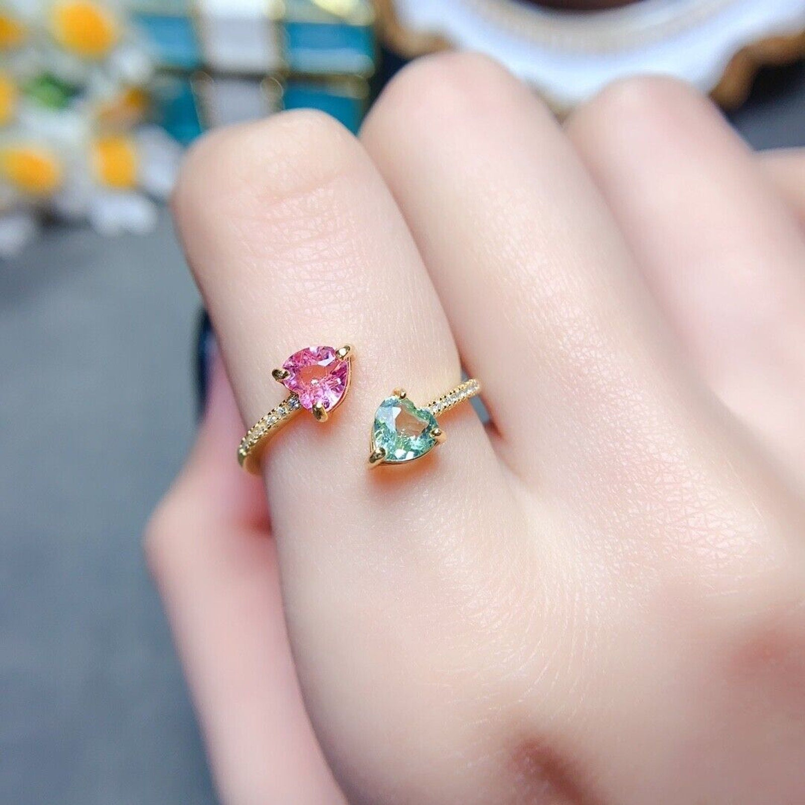 Tourmaline Dainty Heart Ring, Two Stone Colorful Tourmaline Gemstone Ring
