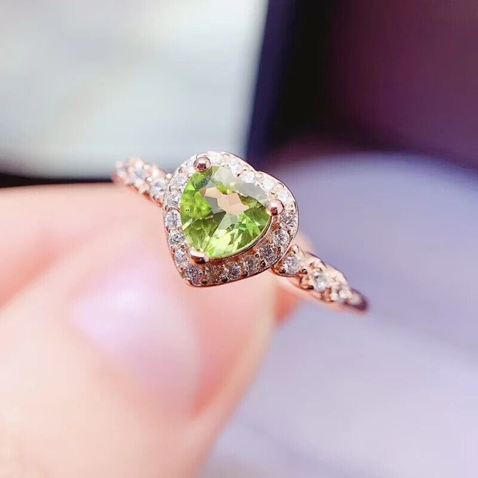 Natural Peridot Gemstone Heart Ring 6mm, August Birthstone Peridot Ring