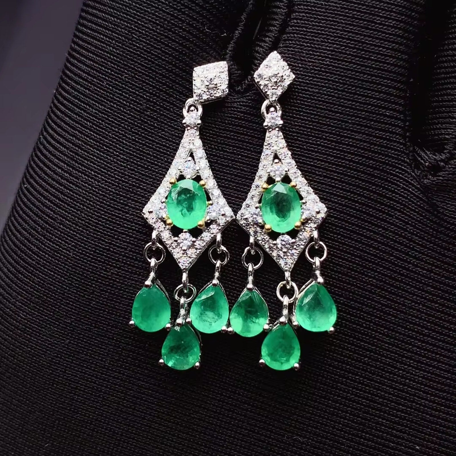 Natural Emerald Dangle Earrings, Women's Emerald Earrings Platinum Plated Silver