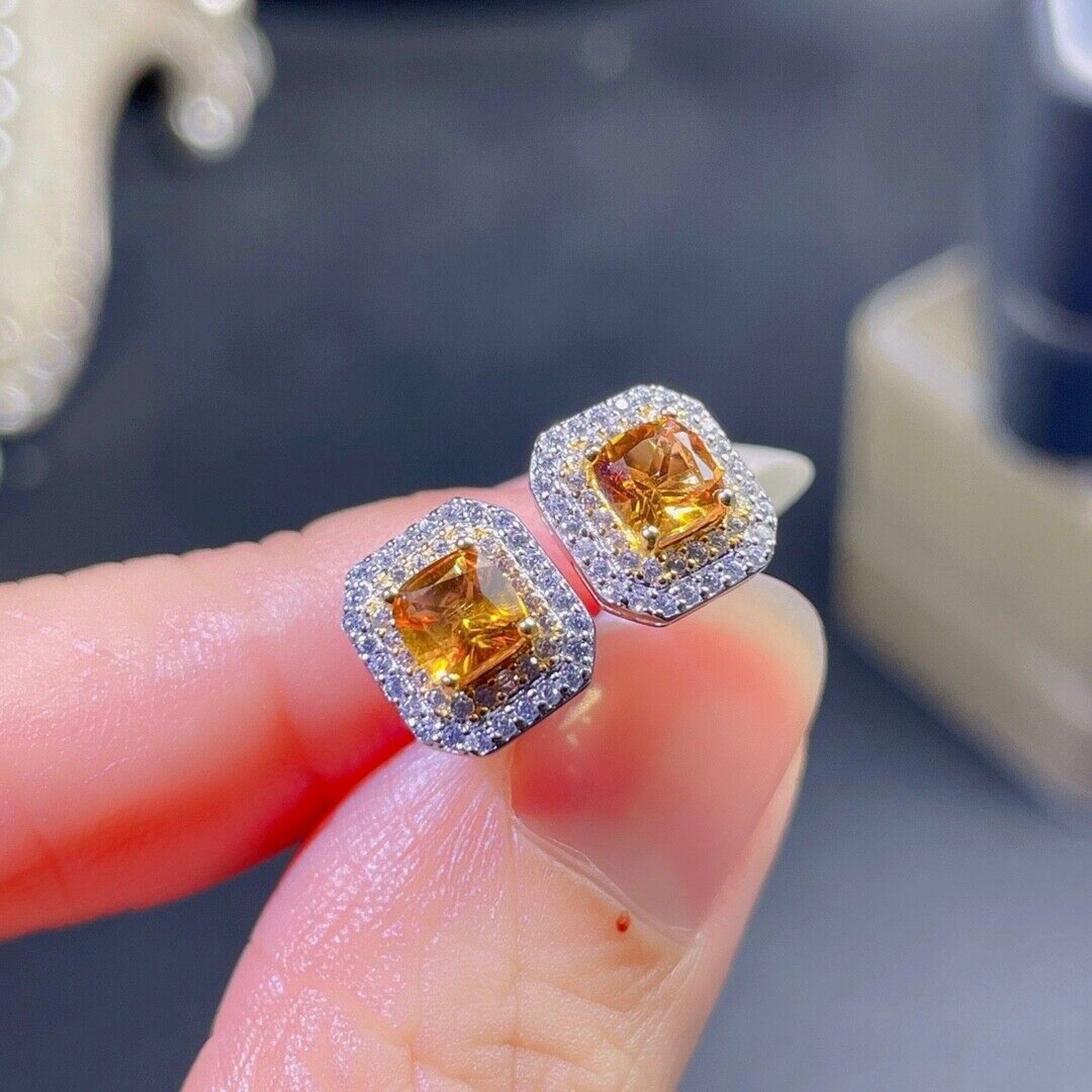 4x4mm Square Cut Natural Citrine Gemstone Earrings, Genuine Citrine Earrings