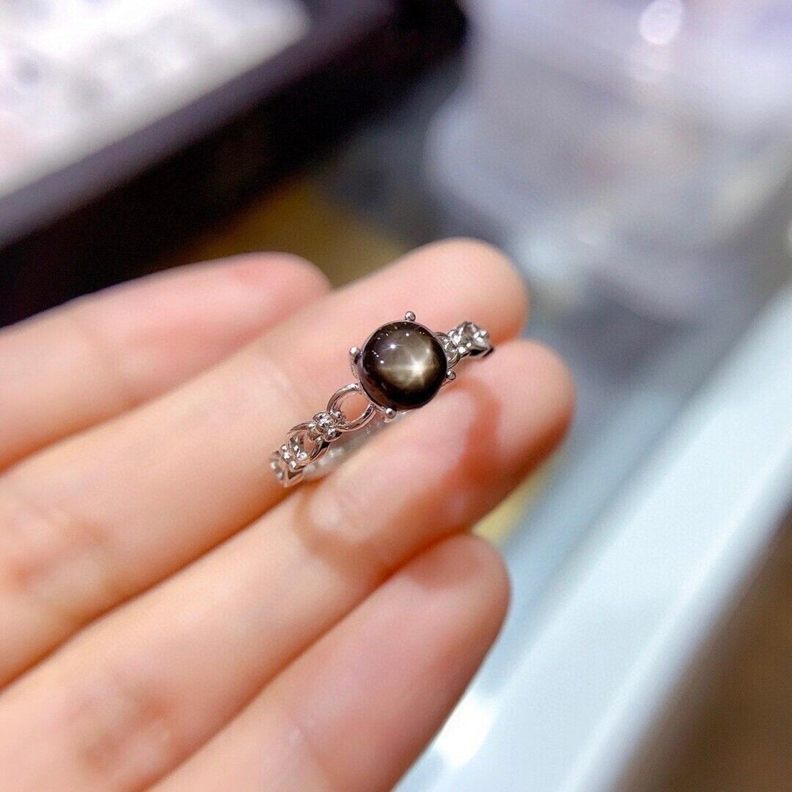 6x6mm Natural Gray Star Sapphire Ring, Women's Natural Gray Star Sapphire Ring