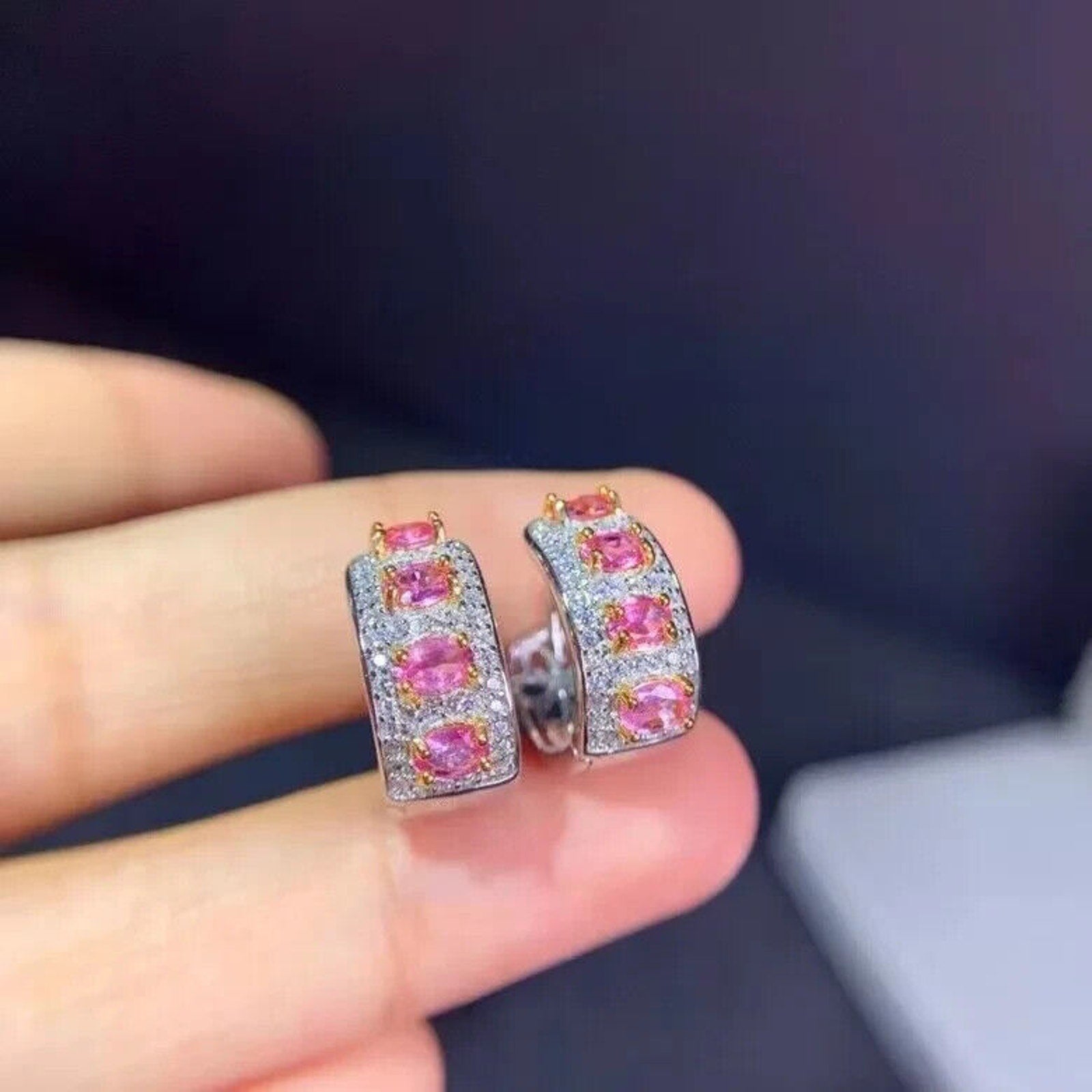 Natural Pink Topaz Sterling Silver Hoop Earrings, Pink Topaz Hoop Earrings